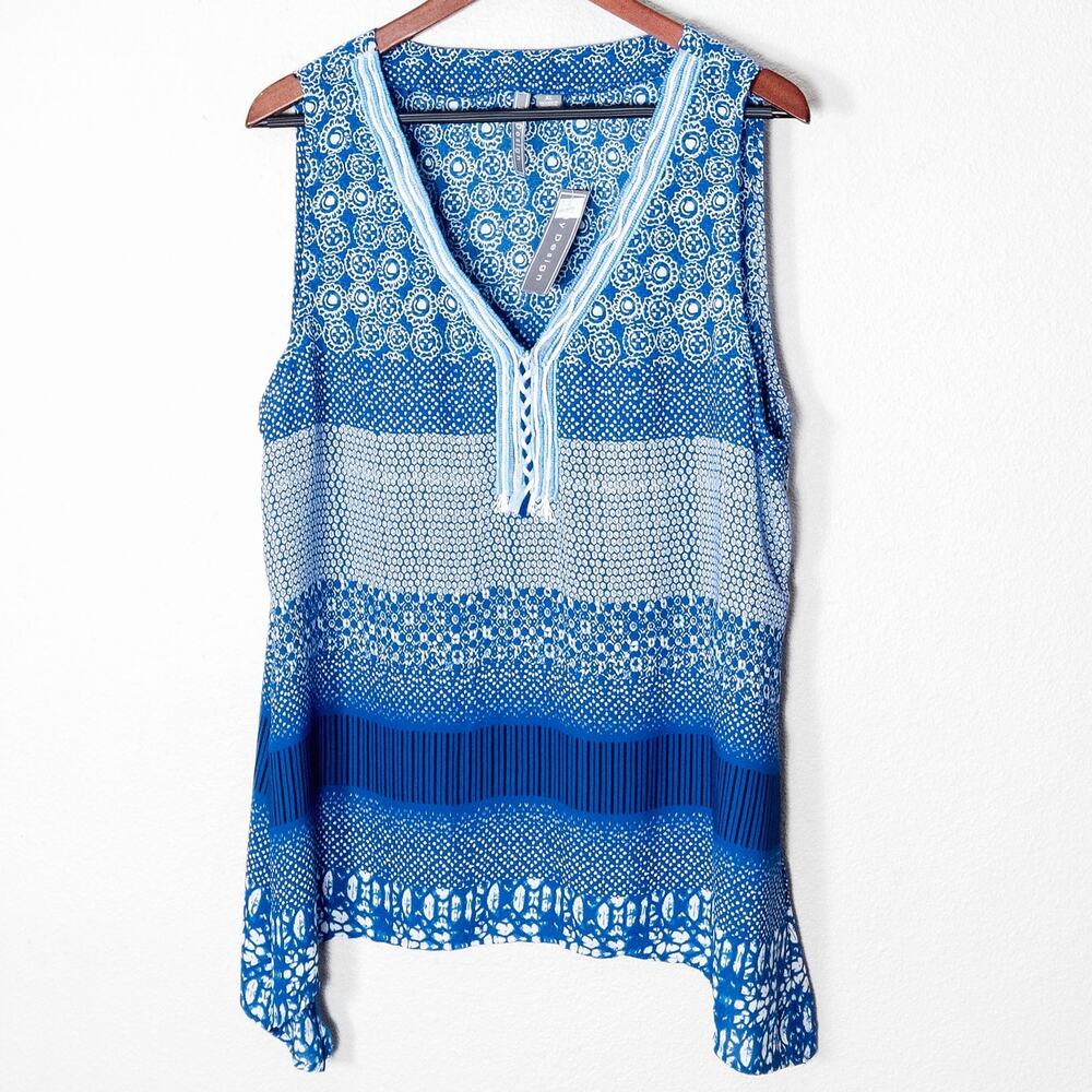 By Design Blue Print Sleeveless Tunic Top XL NWT Coastal Boho Resortwear